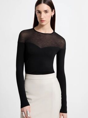 Black Long-Sleeve Top with Sheer Yoke